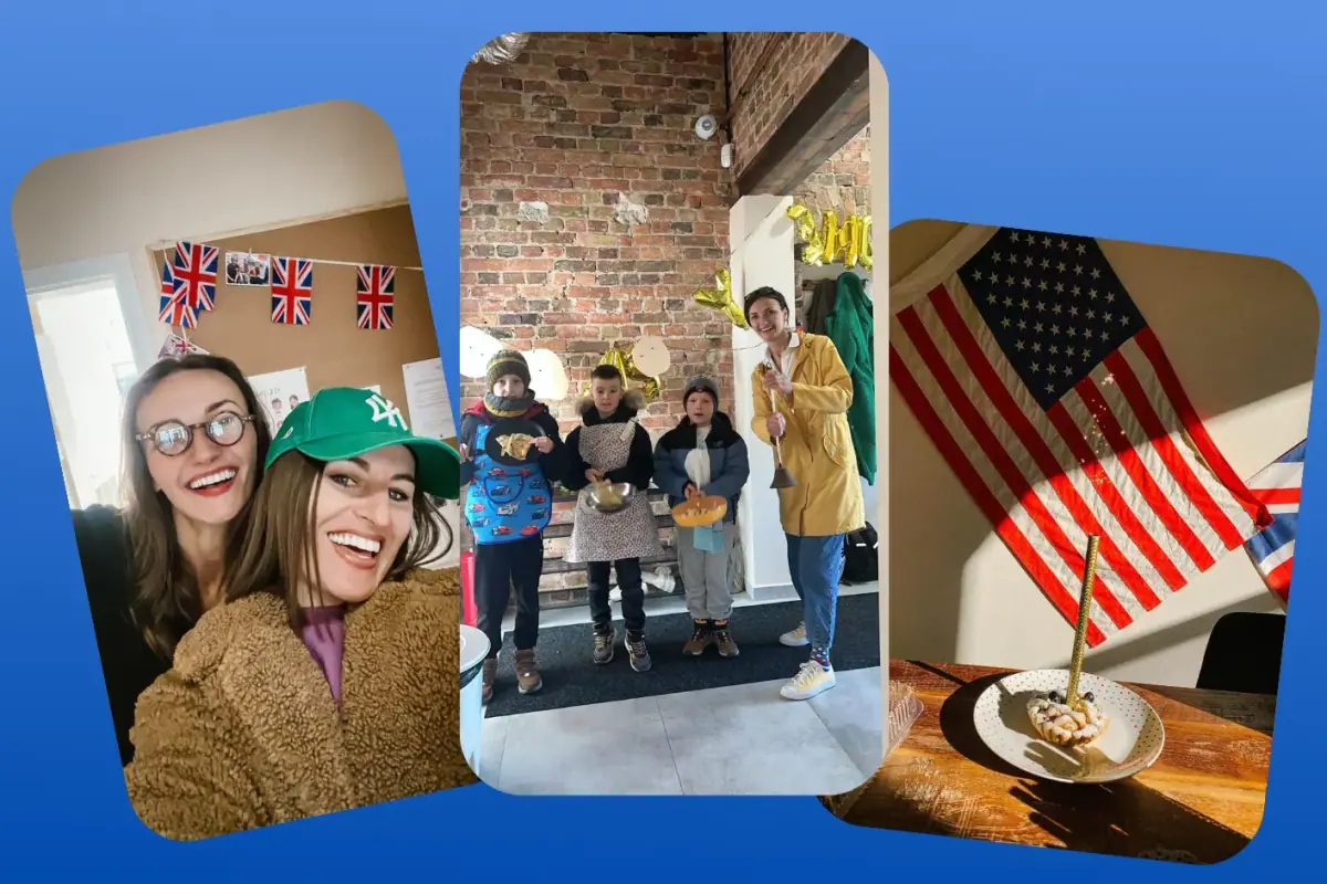 Zespół i uczniowie Easy English with Gosia — kolaż zdjęć ze szkoły w Pniewach